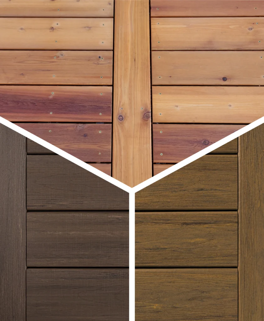 3 deck materials side-by-side: wood, composite, and vinyl