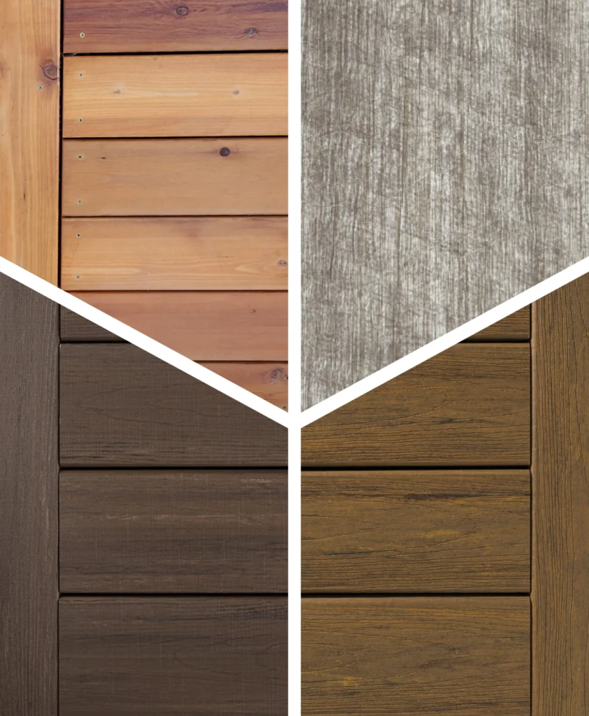 Side-by-side comparison of natural cedar, vinyl, PVC, and composite decking material